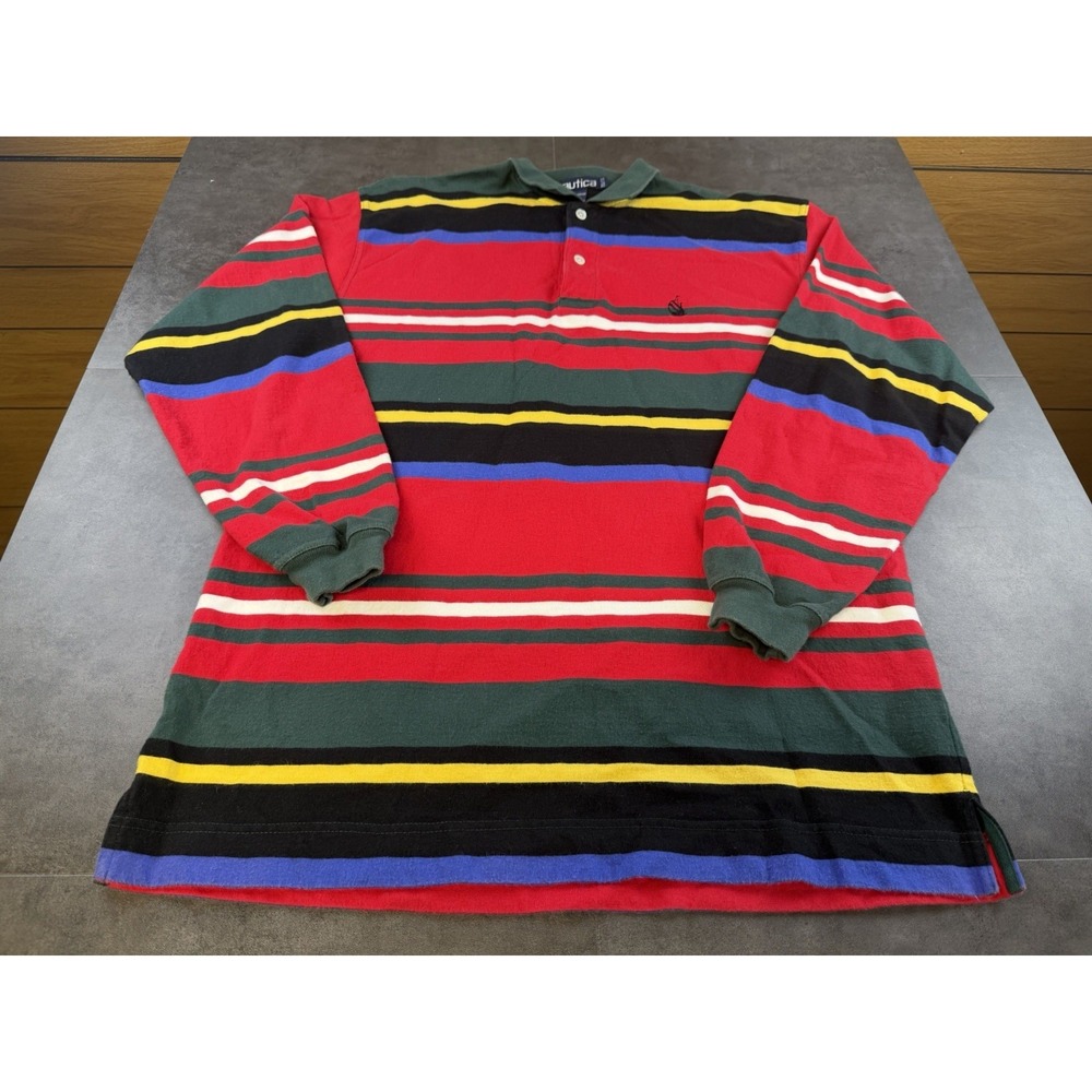 VTG 90's Nautica Rugby Polo Shirt Mens Multicolor Stripe Long Sleeve Cotton-XL
